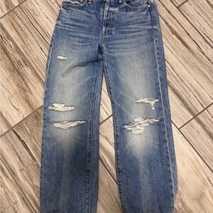 MOTHER Blue Distressed Straight Leg Jeans